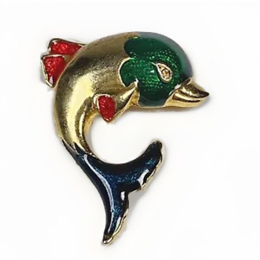 Vintage Dolphin Pin Brooch Gold Tone Enameled Red Green Fish Porpoise Christmas